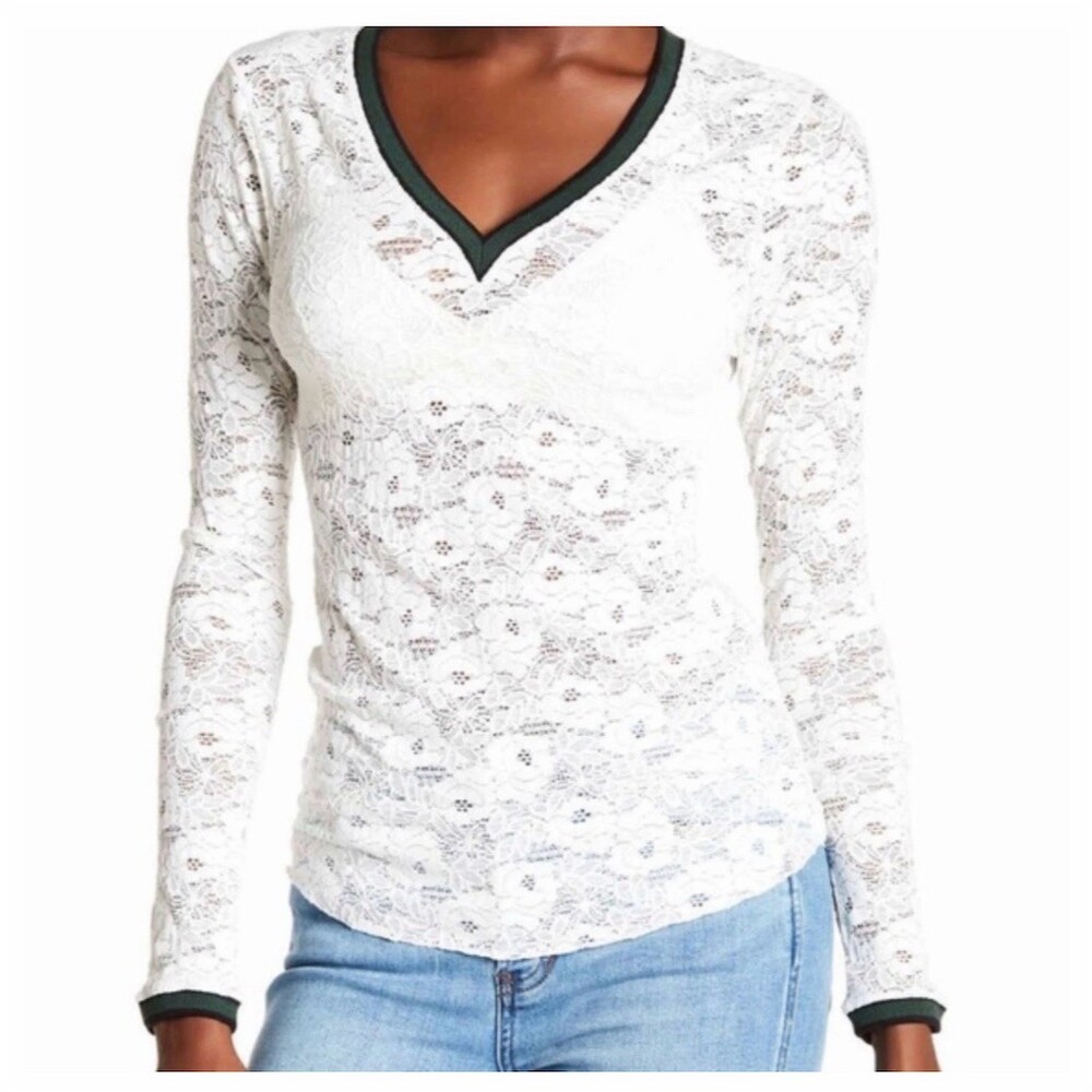 Free People Intimately Top Womens M Ivory Floral Lace V-Neck Long Sleeve